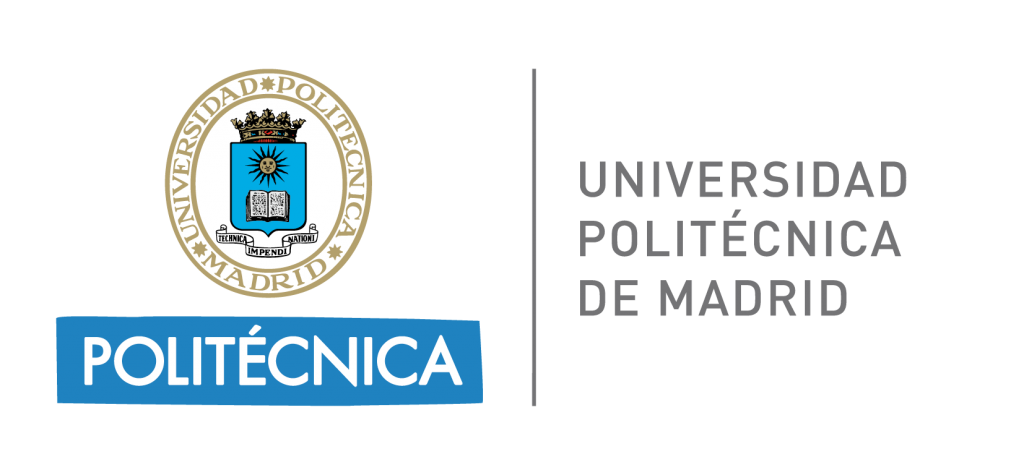 Logo de la Universidad Politécnica de Madrid de color gris, azul y blanco con fondo transparente.
