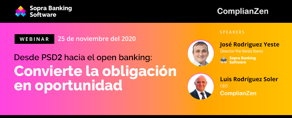 Banner de color anaranjado con texto blanco que te invita a asistir a un webinar online el día 10 de Noviembre sobre la PSD2 y el openbanking.