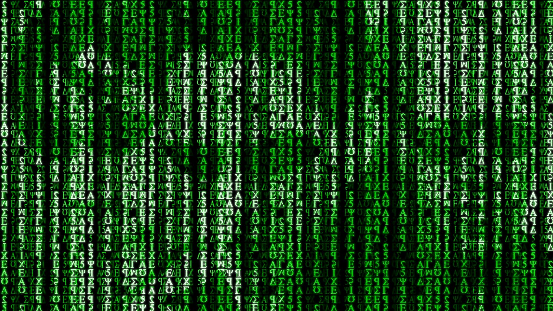 Pantalla de color negro con infinidad de números, letras y caracteres de color verde en posición vertical.